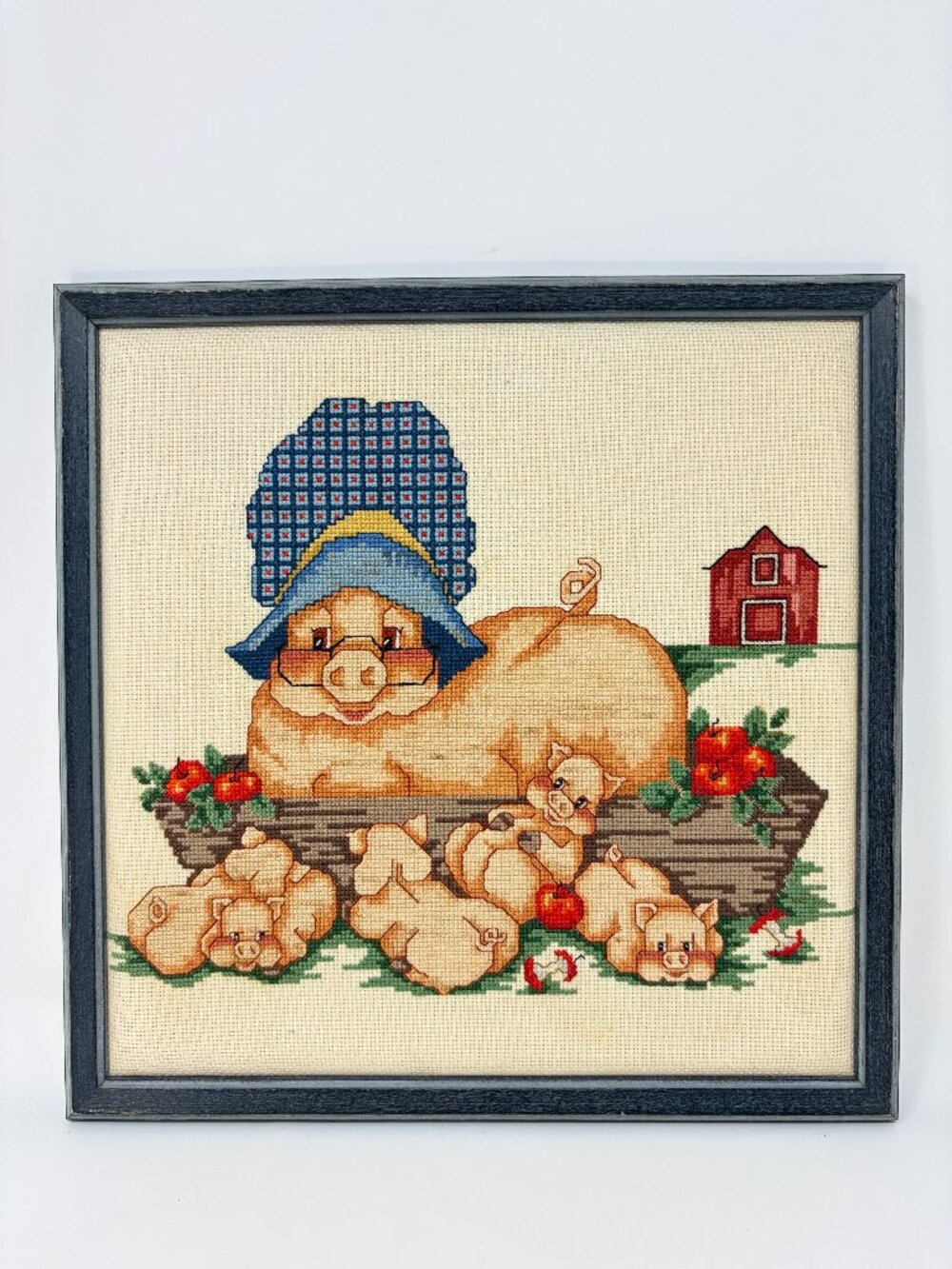 VTG Handmade Framed Cross Stitch Momma Pig & Piglets, "Little Pigs Family" Farm